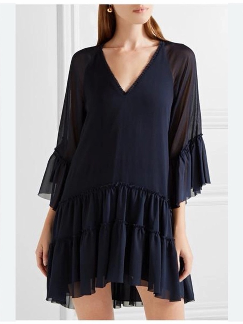Alice + Olivia Zoey Tiered Crepon & Chiffon Tunic in Navy Sapphire Size L